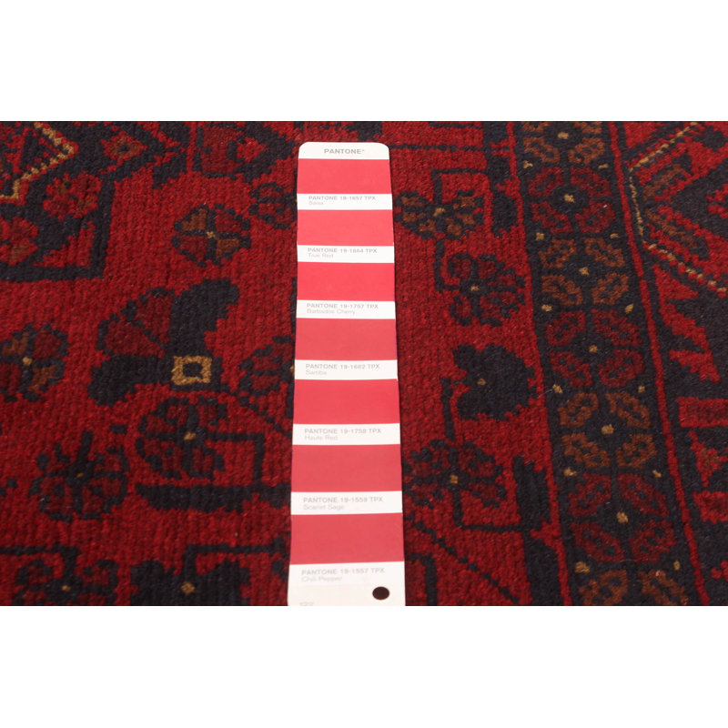 Tapis rouge en laine noué à la main de conception unique 4 pi 11 po x 6 pi 8 po Monna