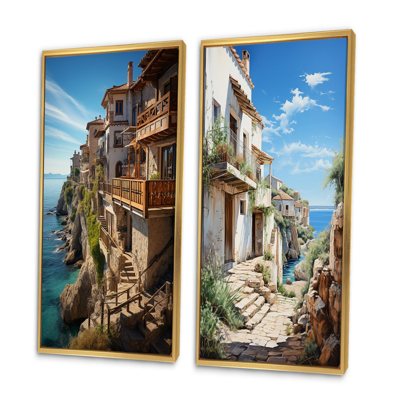 «Espagne Azure Coastline Village», 2 pièces, Encadrement doré, H 24 po x l 20 po