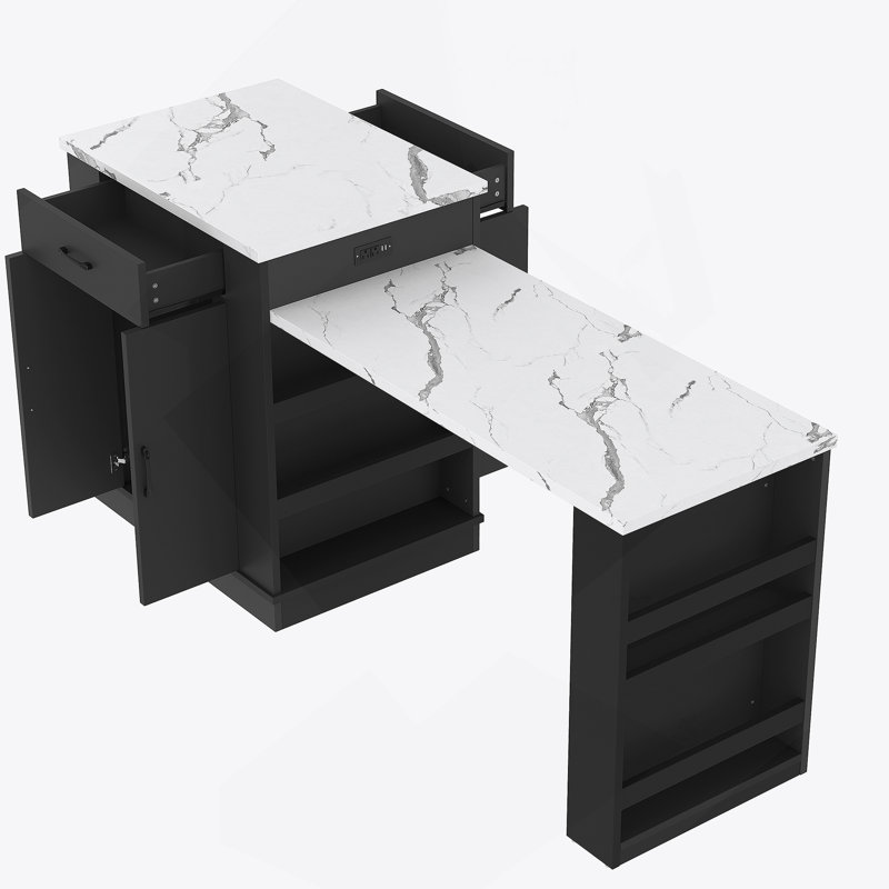 Armoire décorative, console d'îlot extensible avec tiroirs, armoire à deux portes et tablettes ouvertes, Noir