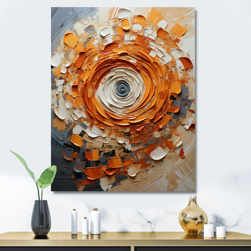 Collage abstrait en spirale orange et blanc - Collages abstraits, art mural, Toile tendue, H 32 po x l 24 po x P 1 po