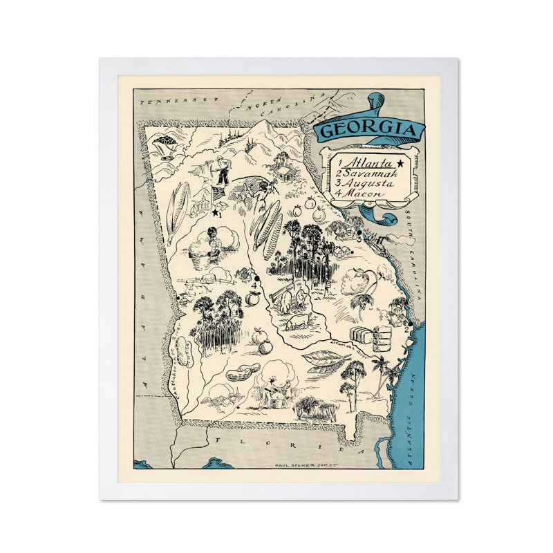 Georgia Pictorial Map, Poster, 24"H x 32"W, White Framed