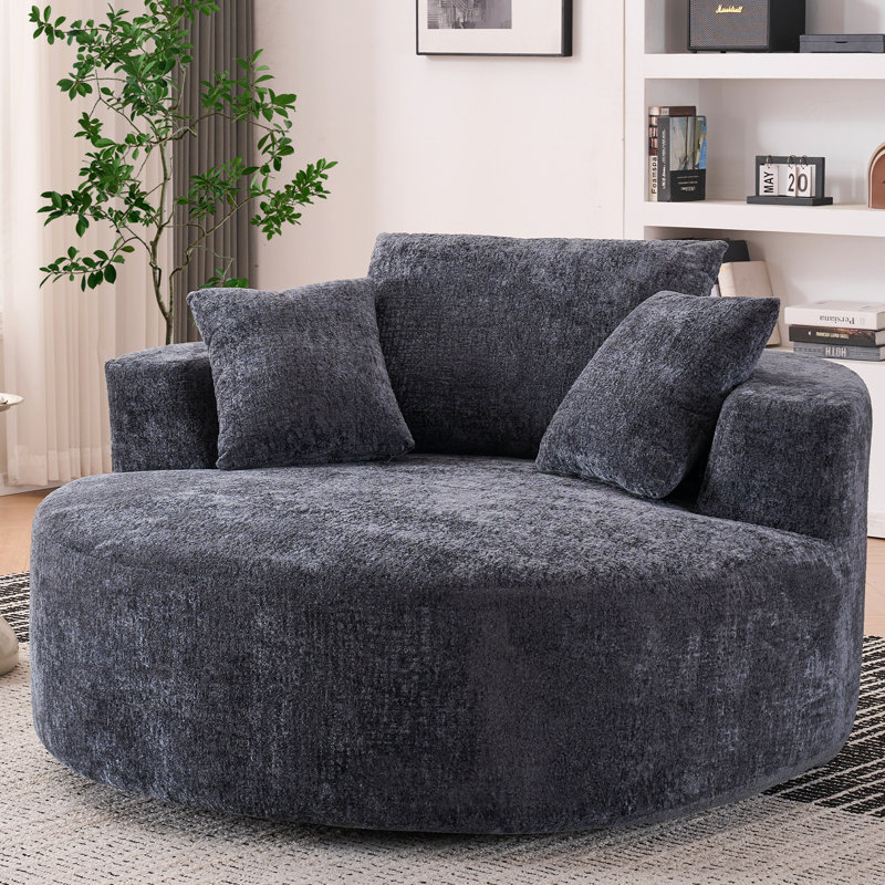 Oversized Upholstered Barrel Accent Swivel Chair– 55" Waffle Chenille, Compression, Gray