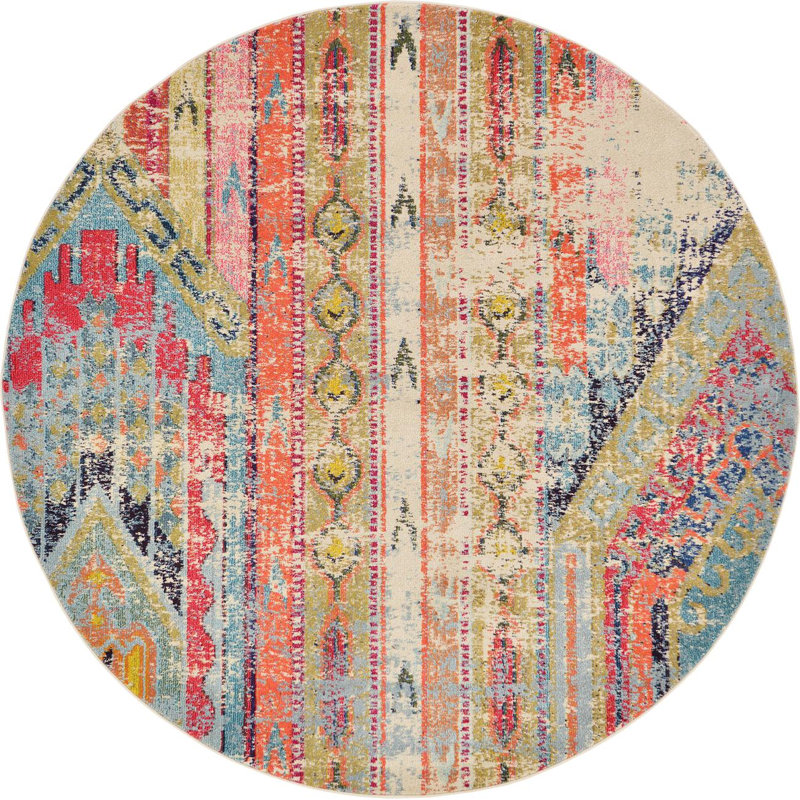 Indira Washable Geometric Indoor Rug, Round 6'