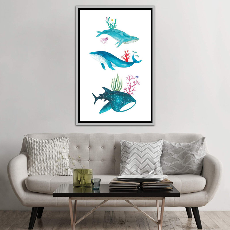 Créatures de l'océan - impression, Pas de tapis, H 60 po x l 40po x P 1,5 po, Toile avec cadre argenté