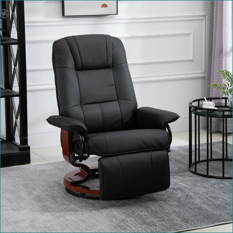 Fauteuils inclinables pour le salon, fauteuil pivotant manuel avec repose-pieds et amp; Base en bois enveloppé | Noir | Cuir PU