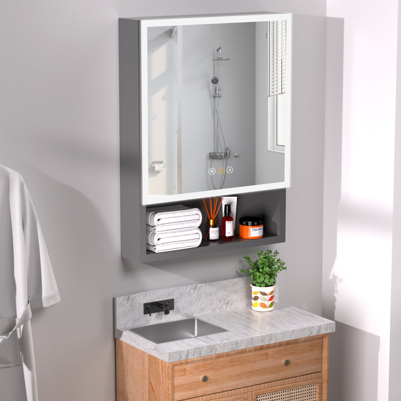 Armoire à pharmacie de surface 20 po x H 28 po avec lumière DEL et miroir, mode 3 couleurs, prise de courant et port USB, gradateur avec tablette de rangement ouverte