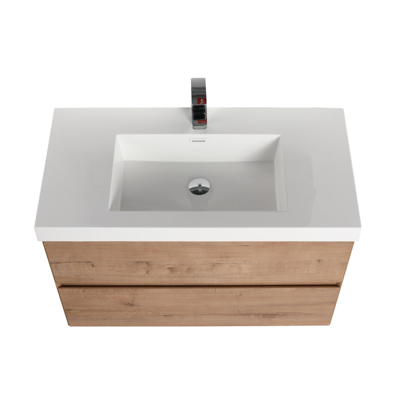 Meuble-lavabo flottant 36 po avec lavabo mural Annedoris, Chêne classique