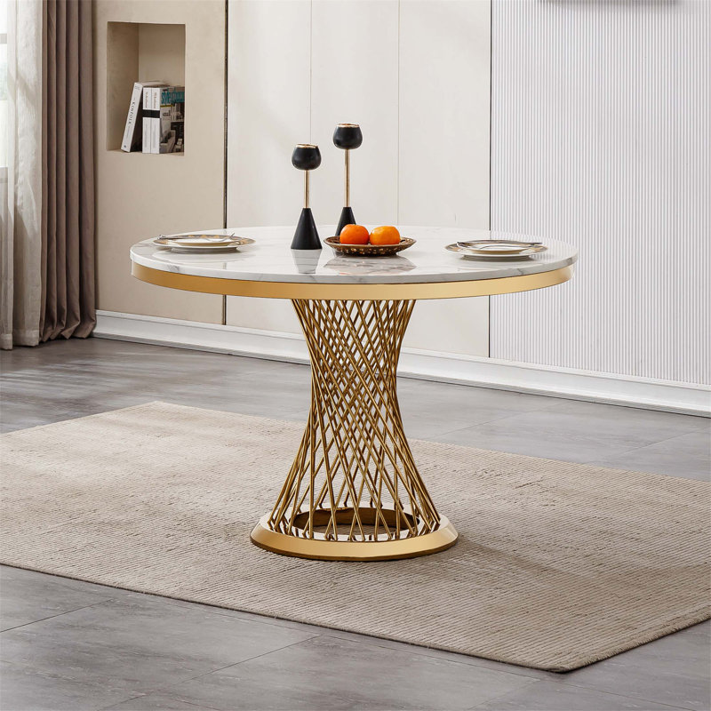 Table de salle à manger ronde en faux marbre de 47 pouces avec finition ultrabrillante et base en acier inoxydable pour les cuisines et les salles à manger modernes
