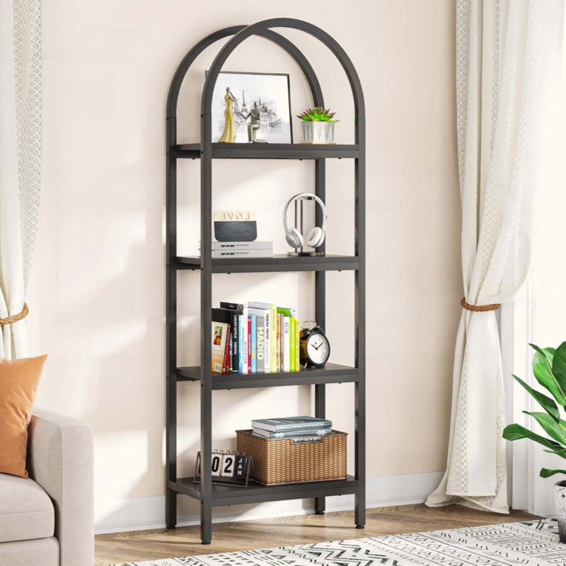 4-Tier Industrial Black Arched Open Bookshelf