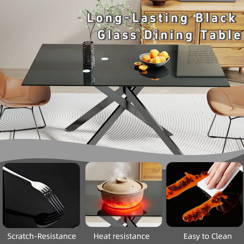 51" Rectangular Tempered Glass Dining Set with 4 Cantilever Faux Leather Chairs, Full Black Table + Black/Silver Chairs
