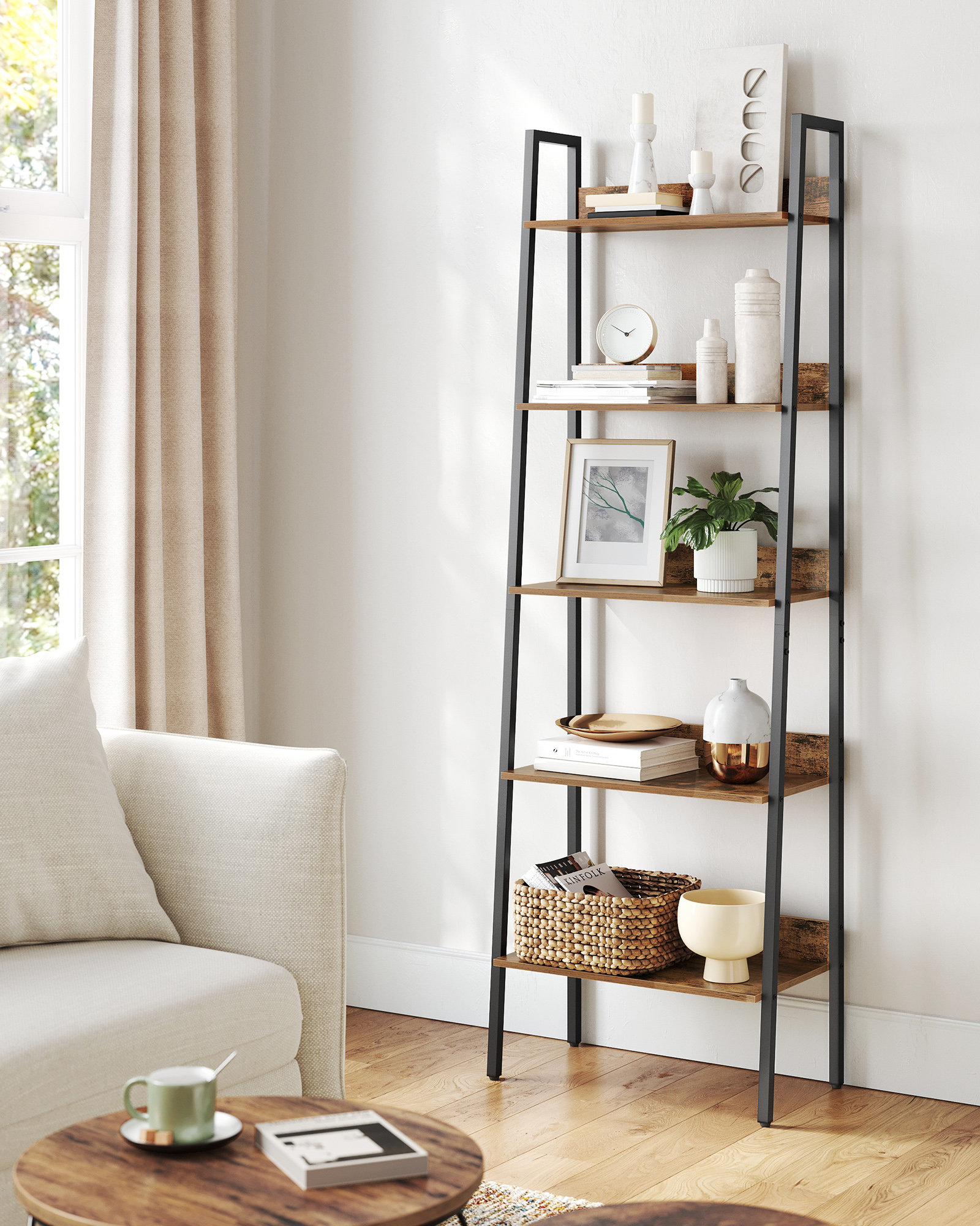 5-Tier Ladder Shelf, Wall-Leaning Rack, Decorative Ladder with 2024 4 Removable Hooks