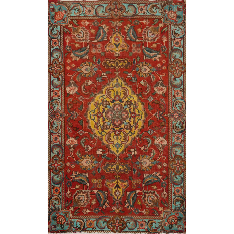 Tapis traditionnel rouge rétro à motif floral 3 x 5