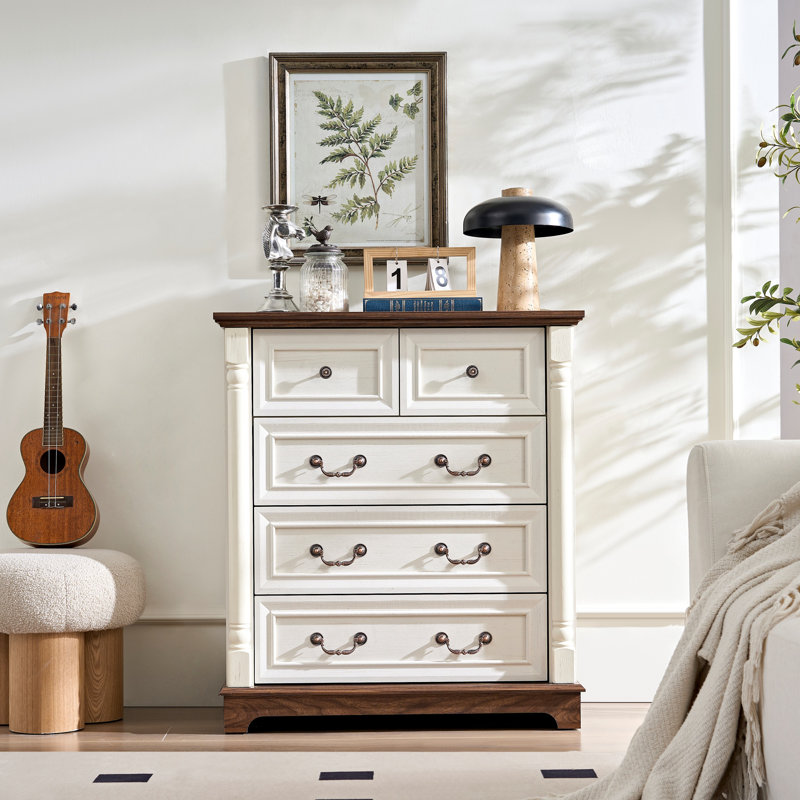 Commode à 5 tiroirs de style campagnard avec base en bois, commode rustique en bois, rangement pour commode pour la chambre à coucher, le salon, belle et robuste