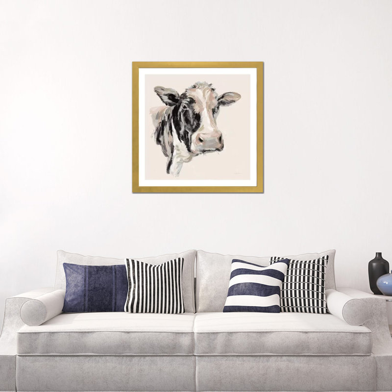Vache expressionniste I neutre, H 24 po x l 24 po x P 1 po, Blanc, Papier encadré doré