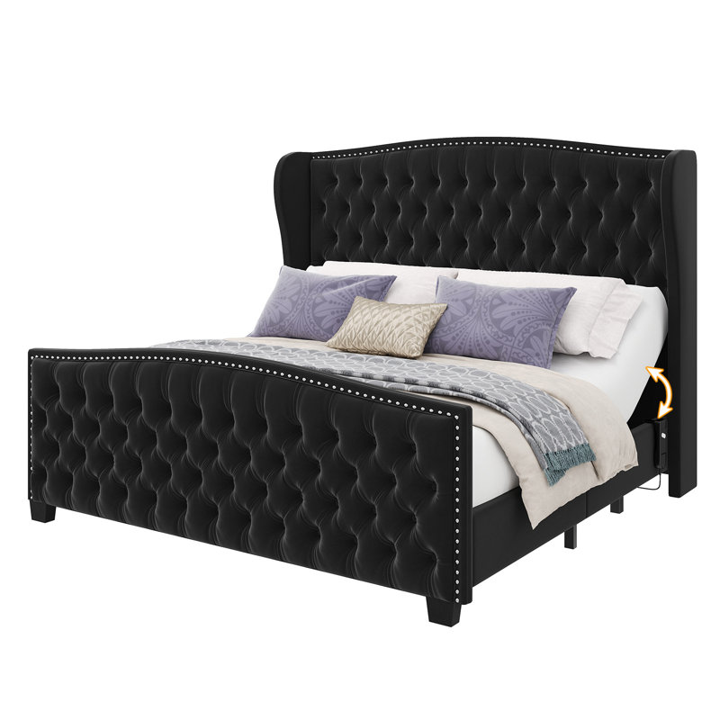 Lit ajustable en velours de 50,8 po avec tête de lit à oreilles et capitonnage profond capitonné, Grand lit, Noir