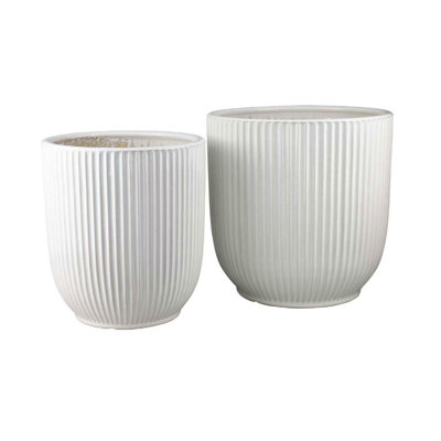 Lyna Accent Planter Set Of 2, White Ceramic, Vertical Ribbed Texture
