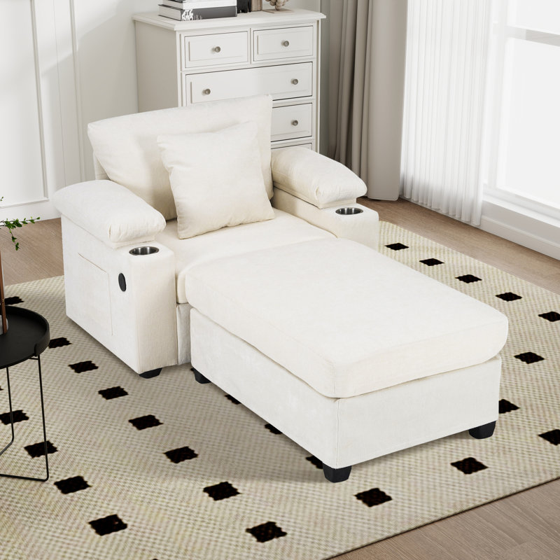 Fauteuil d'appoint surdimensionné en chenille avec repose-pieds, Chenille beige