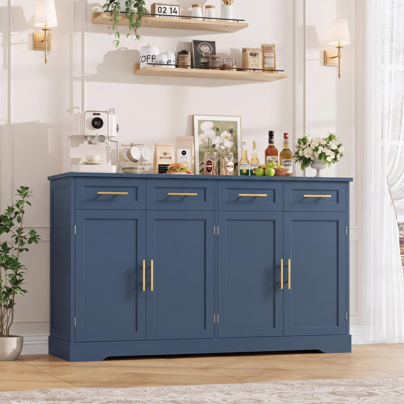 Armoire-buffet de 59,3 po de largeur avec armoires de rangement spacieuses, buffet moderne à 4 tiroirs, buffet de salle à manger large
