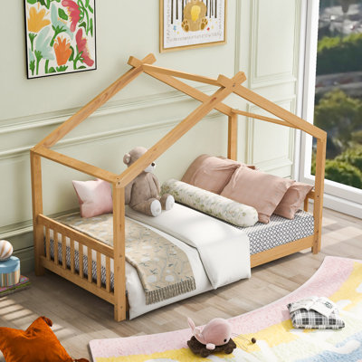 Antjeline Playhouse Bed with Roof | Wood Frame | Slat Support (No Box Spring Needed) | Semi-Enclosed Space for Better Sleep | 2-in-1 Play & Sleep for Bedroom