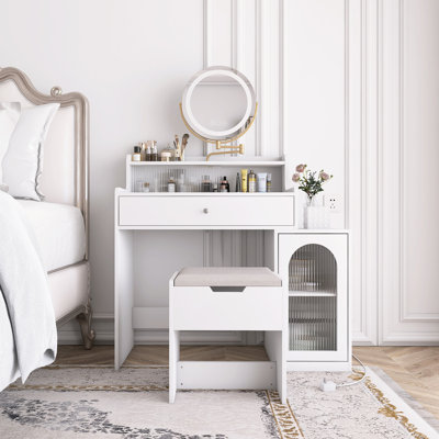 Bureau de coiffeuse avec miroir pivotant à 360 ° et lumières réglables