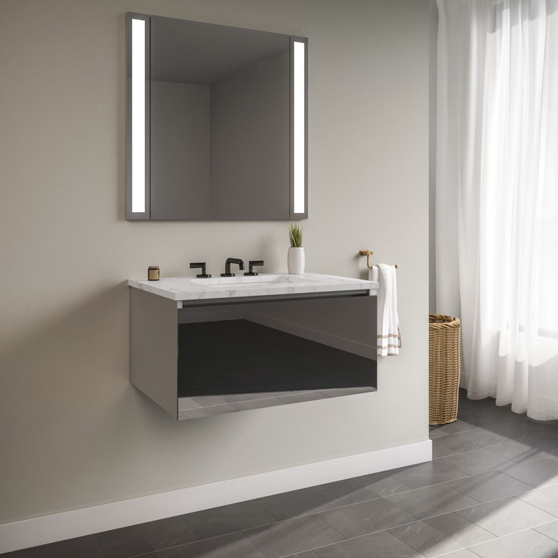 Curated Cartesian 37" Wall-Mounted Single Bathroom Vanity Set, Silestone Lyra, Gray Mirror