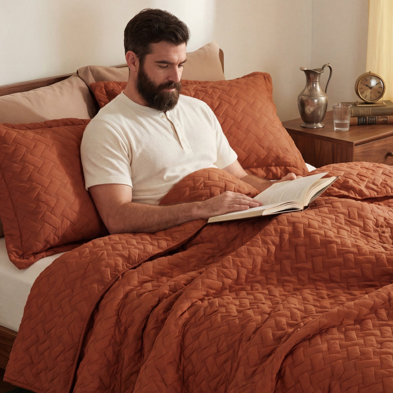 Quilts Lightweight Bedspreads with Basket Weave Pattern, Soft Quilt Bedding Set, Hazel Comforter Set Coverlet, Red Orange