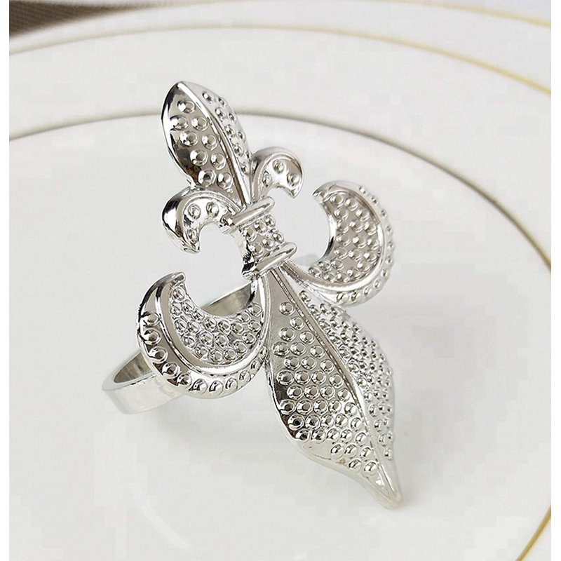 Rond de serviette en métal bronze fleur de lis, ensemble de 4, Argent