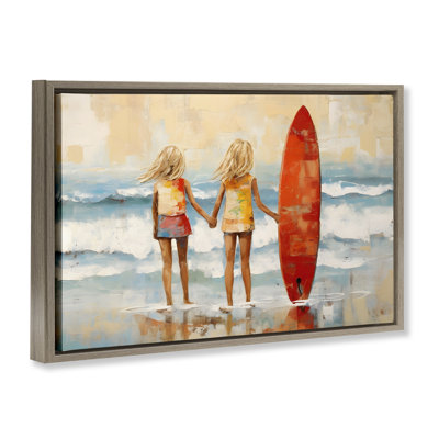 Kids & Beach Surfboard Framed Floater Canvas by Petal Prints Design