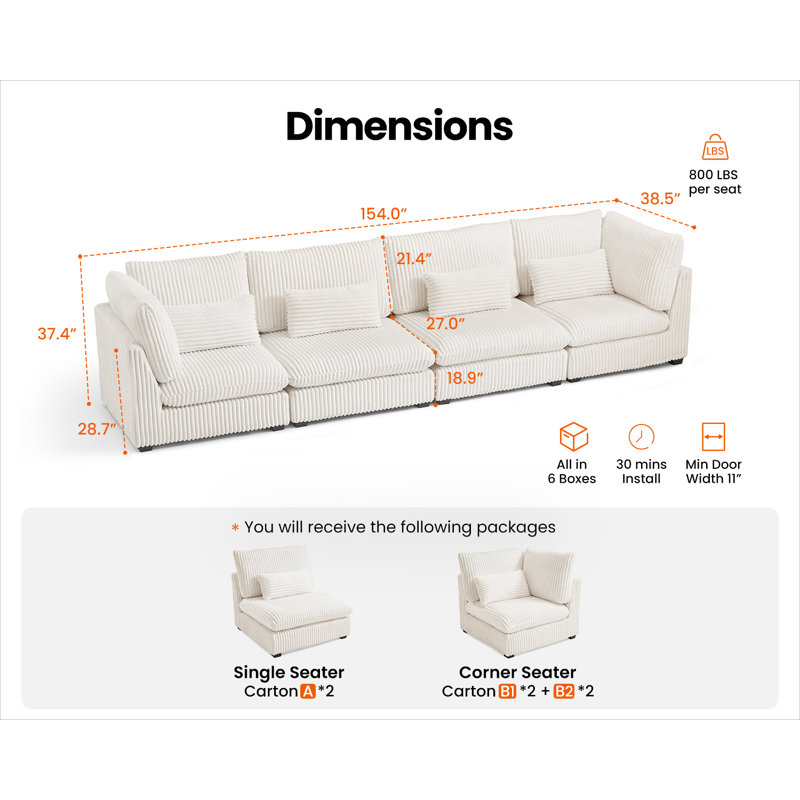 Canapé modulaire surdimensionné en velours côtelé 4 places, Crème, crème