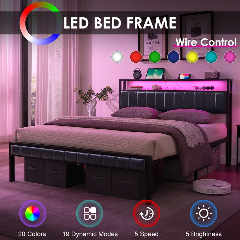 Black Queen Upholstered Bed Frame with LED and Storage
