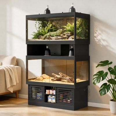 Dual 120 Gallon Reptile Tank with Stand, 2-in-1 Front-Opening Glass Doors & Mesh Top Enclosure, Large Reptile Habitat with Storage Cabinets and Built-In Power Outlet for Bearded Dragons, Snakes, Lizards, Geckos, or Tortoises (Bulbs and Lampshades Not Inc