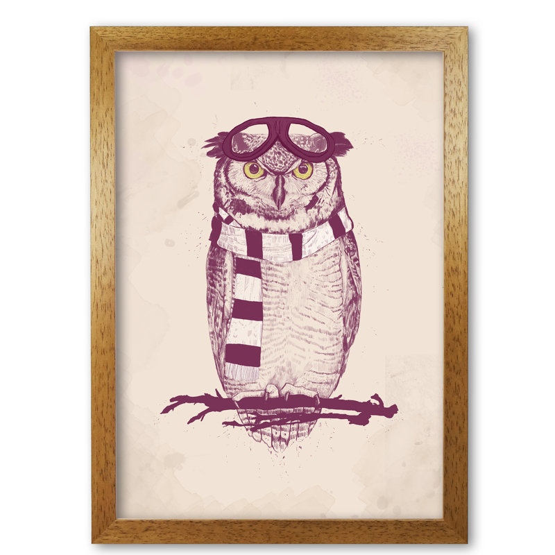 The Aviator Owl by Mercedes Lopes Charro - Print, 29.7 cm H x 21 cm W x 5 cm D, Honey Oak