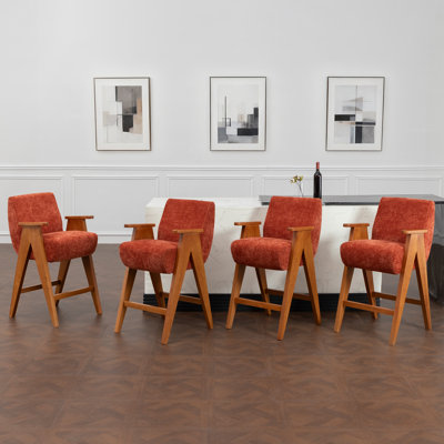 Tabouret de bar Mid-Century rembourré avec accoudoirs et pieds en bois