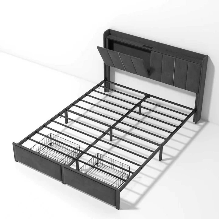 Lit double tapissier avec 2 tiroirs et tête de lit ouverte avec lit plateforme et station de charge, Complète, gris