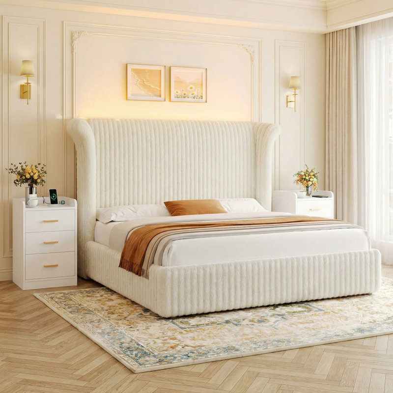 3-Piece Bedroom Set, Corduroy Upholstered Bed with 2 Nightstands with 3 Drawers&USB Charging, King, White