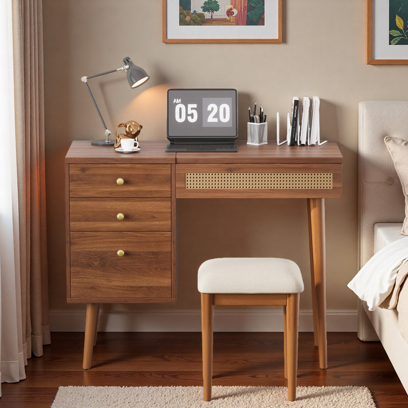 Retro Vantiy Desk With Mirror And Led Lights, Flip-top Tabletop, 3 Drawers And 10 Compartments