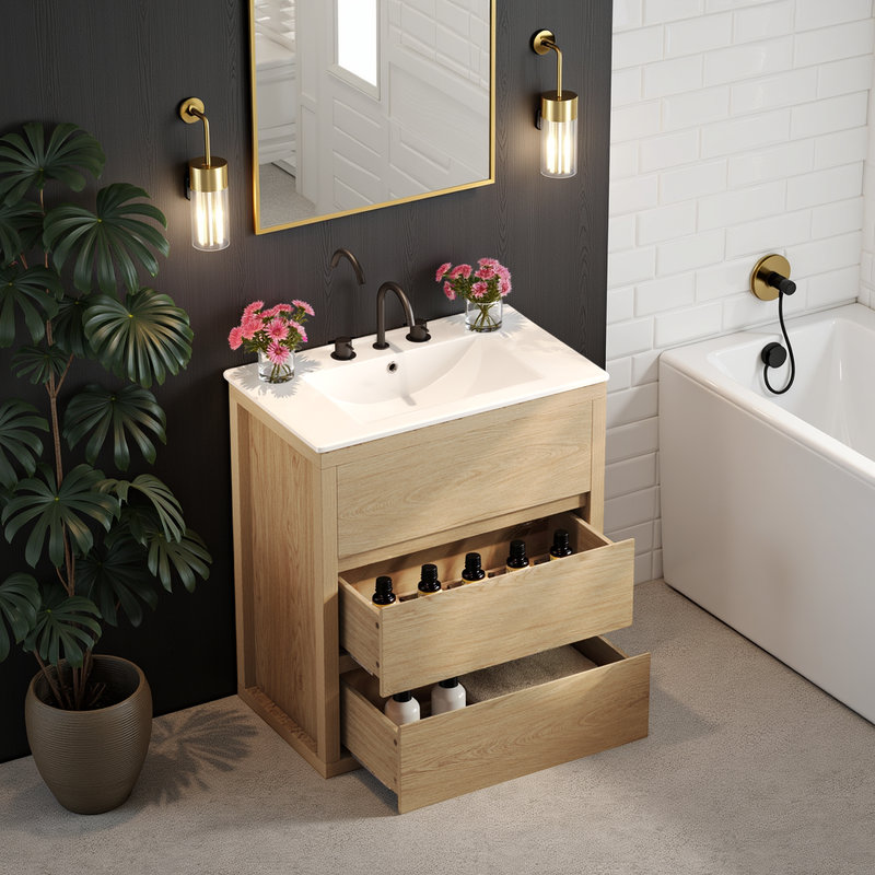 Meuble-lavabo sans poignée avec lavabo en céramique 30 po, Brun