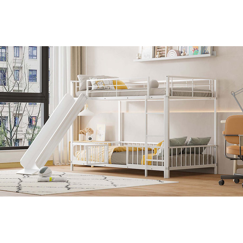 Twin over Twin Size Metal Bunk Bed with Slide, Guardrails, and Convertible Design for Ultimate Safety and Fun