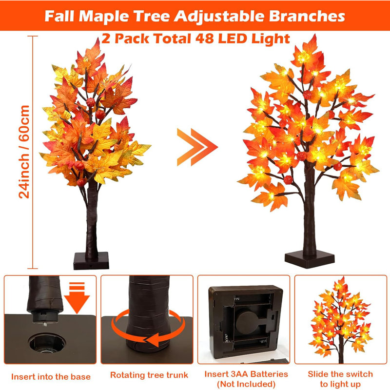 2 Pack 24 Inch Prelit Fall Maple Tree Thanksgiving Decorations With 48 LED Lights