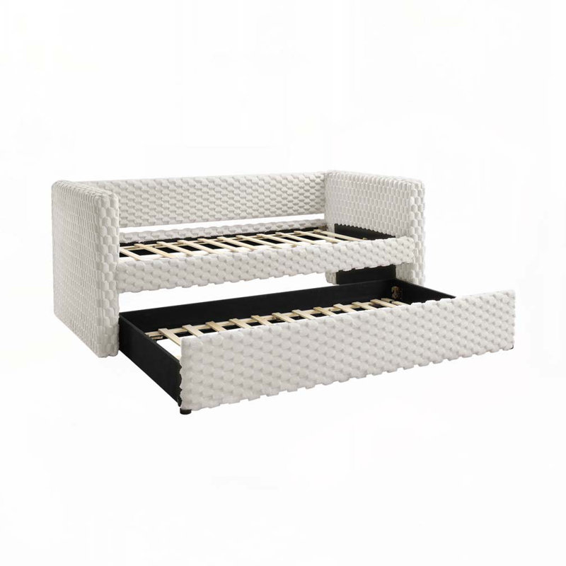 Daybed Armrest Pull Out Trundle ,Textured Fabric, White
