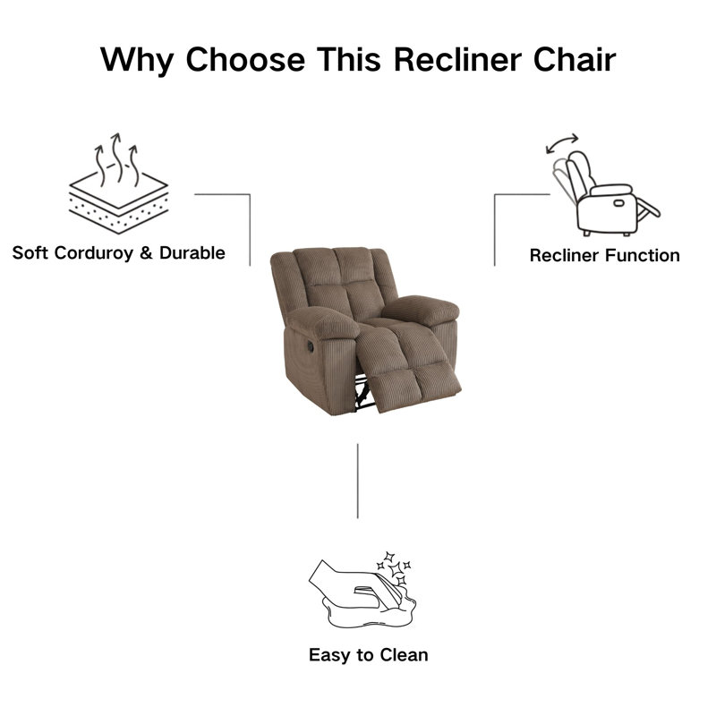 Manual Recliner Chair With Padded Armrests - Overstuffed Corduroy Upholstery, Solid Wood Frame, 400Lb Capacity, Brown