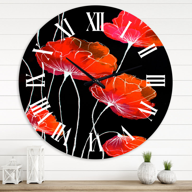 Abstrait fleur rouge sur fond noir II - Horloge murale traditionnelle, Grand