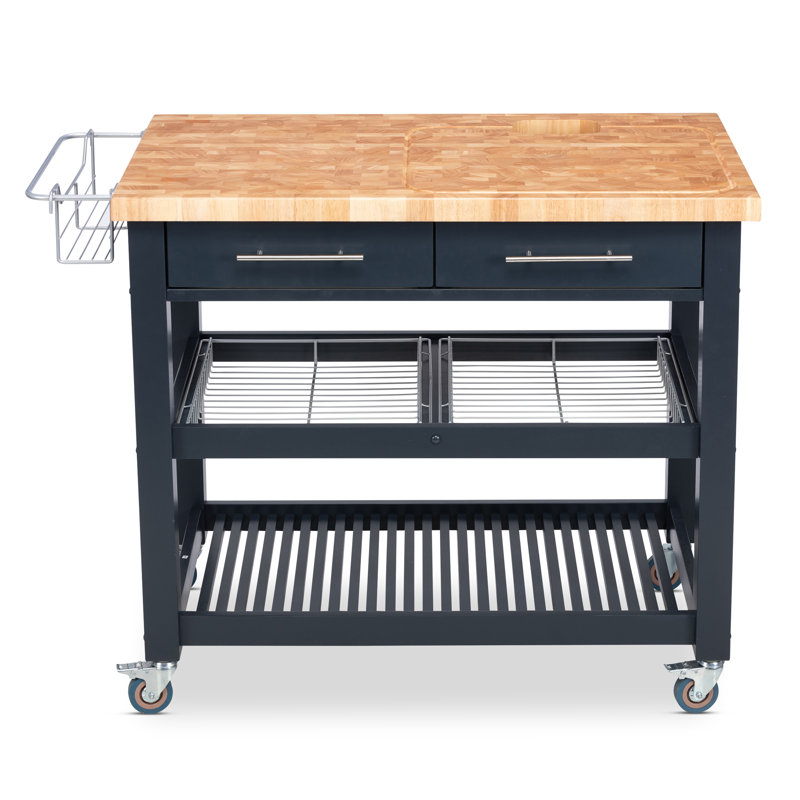 Îlot de cuisine en bois massif 46 po avec plateau de boucher et roulettes verrouillables, Bleu marine minuit