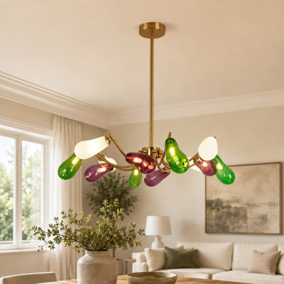 Lustre 12 lumières en verre coloré avec abat-jour en forme de goutte et branches
