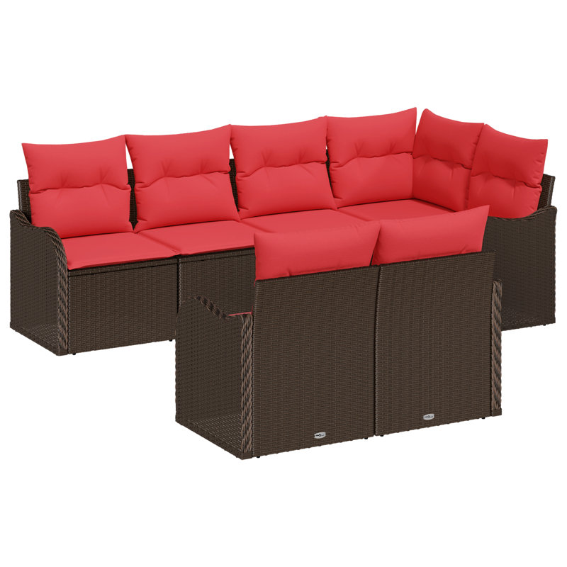 vidaXL Garden Sofa Set Brown Poly Rattan, Brown Frame/Red Cushion