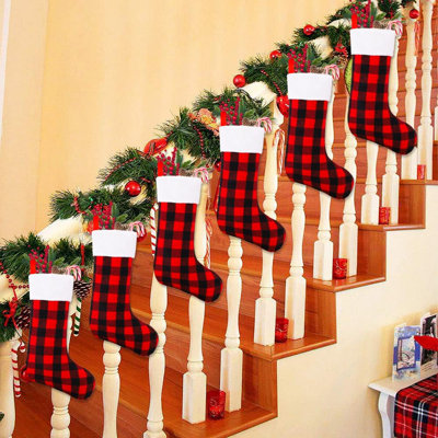 6 Pack 22 Inches Christmas Stockings, Xmas Large Black Red Buffalo Plaid Hanging Stockings Decorations For Christmas Tree Fireplace Family Holiday Party Decor