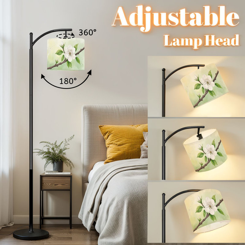 Lampe sur pied à arc avec abat-jour réglable branche de cerisier en fleurs fleurs blanches lampe sur pied à feuilles vertes 3 températures de couleur à haut gradateur avec interrupteur au pied pour la chambre à coucher