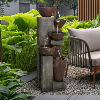 Fontaine d'extérieur moderne à 5 niveaux 39,7 pouces Fountains, lumières DEL, imperméable pour patio de jardin | Résine | Fontaine à plusieurs niveaux