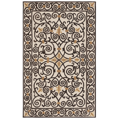 Tapis ivoire / brun foncé en laine crocheté à la main Helena