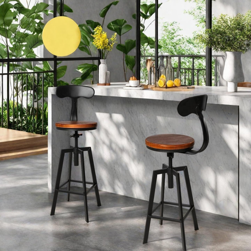 Industrial Bar Stool-Adjustable Swivel Wood Metal Stool With Backrest,Black,Fully Welded (Brown Wooden Top With Iron Backrest)